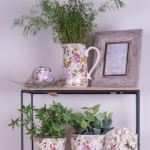 Jarro Decorativo em Cerâmica Rosa e Bege com Flores – 16×11×18 cm