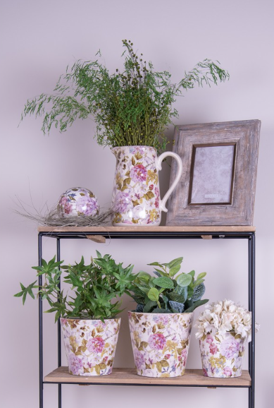 Jarro Decorativo em Cerâmica Rosa e Bege com Flores – 16×11×18 cm