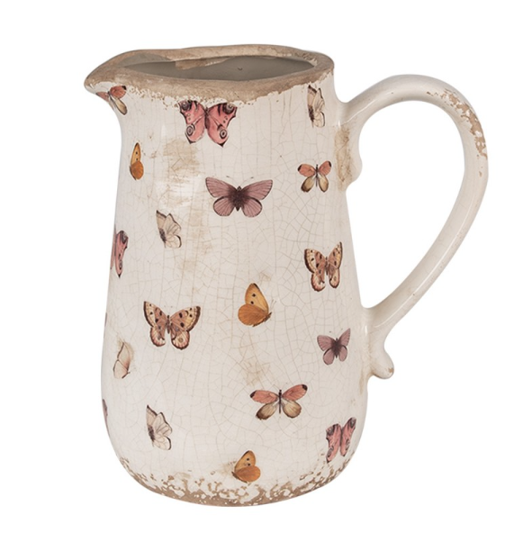 Jarro Decorativo em Cerâmica Bege e Rosa com Borboletas Jarro Decorativo em Cerâmica Bege e Rosa com Borboletas