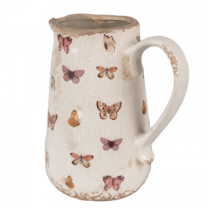 Jarro Decorativo em Cerâmica Bege e Rosa com Borboletas