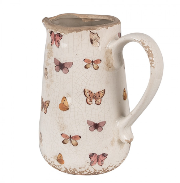 Jarro Decorativo em Cerâmica Bege e Rosa com Borboletas