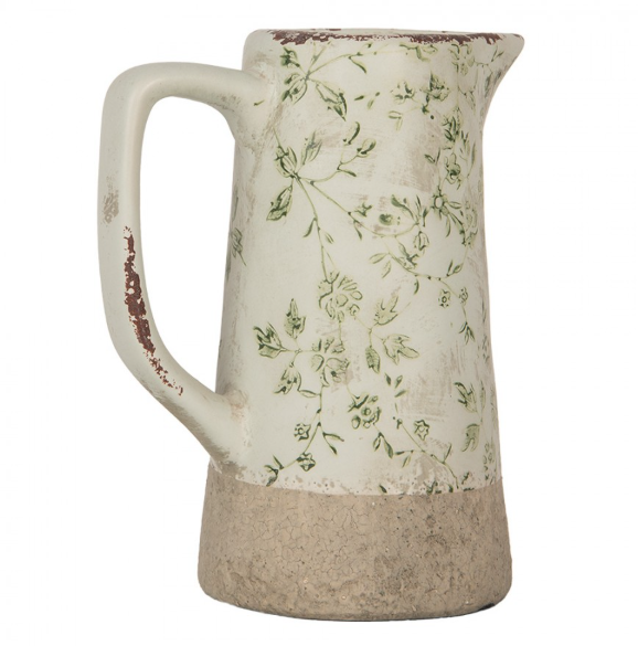 Jarro Decorativo em Cerâmica Verde e Bege com Flores