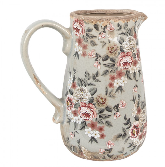 Jarro Decorativo em Cerâmica Cinza com Flores – 16×12×18 cm