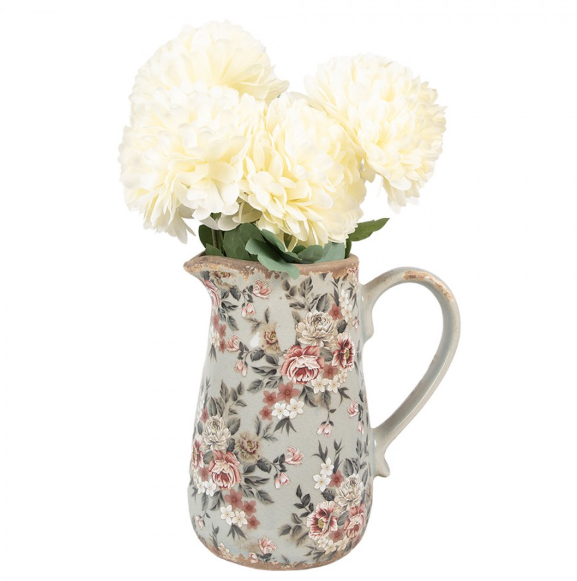 Jarro Decorativo em Cerâmica Cinza com Flores – 16×12×18 cm