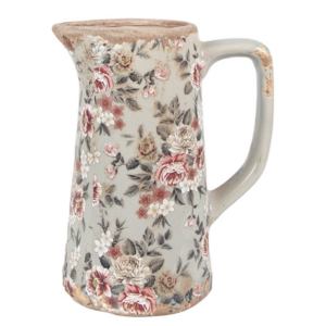 Jarro Decorativo em Cerâmica Cinza com Flores – 16×11×20 cm