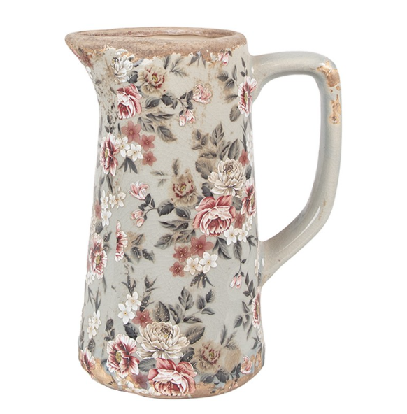 Jarro Decorativo em Cerâmica Cinza com Flores – 16×11×20 cm Jarro Decorativo em Cerâmica Cinza com Flores – 16×11×20 cm