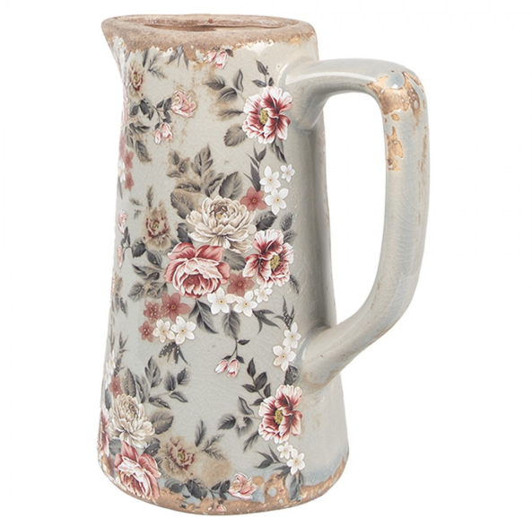 Jarro Decorativo em Cerâmica Cinza com Flores – 16×11×20 cm