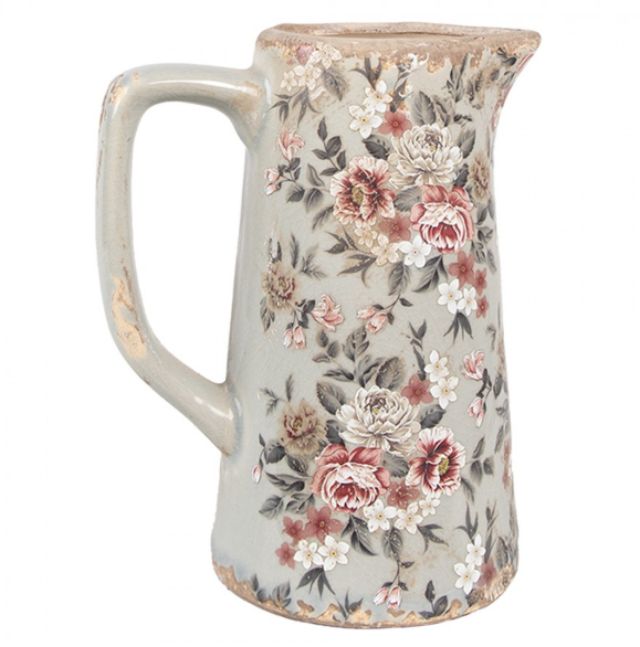 Jarro Decorativo em Cerâmica Cinza com Flores – 16×11×20 cm