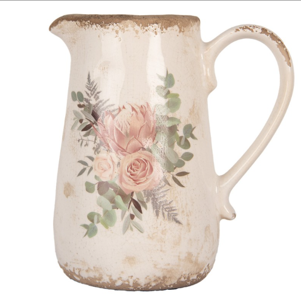 Jarro Decorativo em Cerâmica Bege com Flores – 17×12×18 cm Jarro Decorativo em Cerâmica Bege com Flores – 17×12×18 cm