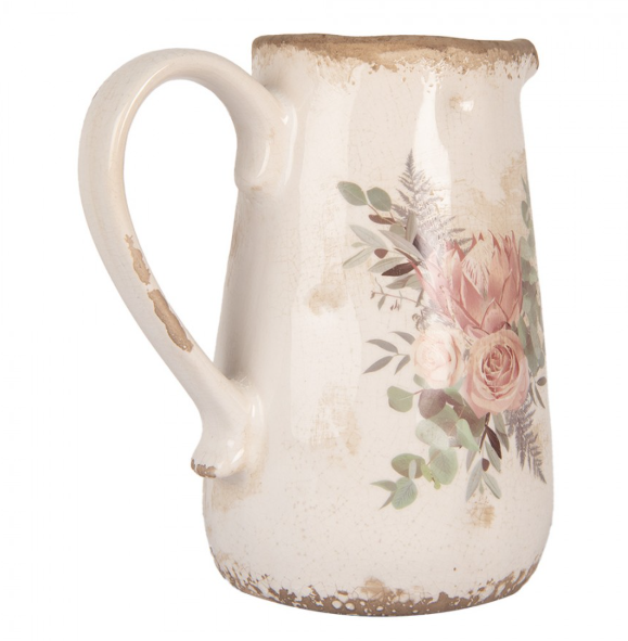 Jarro Decorativo em Cerâmica Bege com Flores – 17×12×18 cm