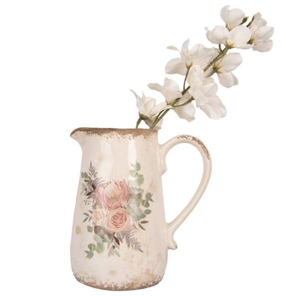 Jarro Decorativo em Cerâmica Bege com Flores – 17×12×18 cm