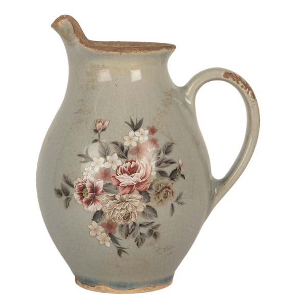 Jarro Decorativo em Cerâmica Cinza com Flores – 16×12×18 cm Jarro Decorativo em Cerâmica Cinza com Flores – 16×12×18 cm