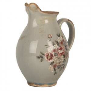 Jarro Decorativo em Cerâmica Cinza com Flores – 16×12×18 cm