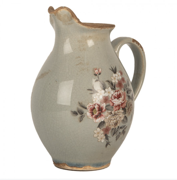 Jarro Decorativo em Cerâmica Cinza com Flores – 16×12×18 cm