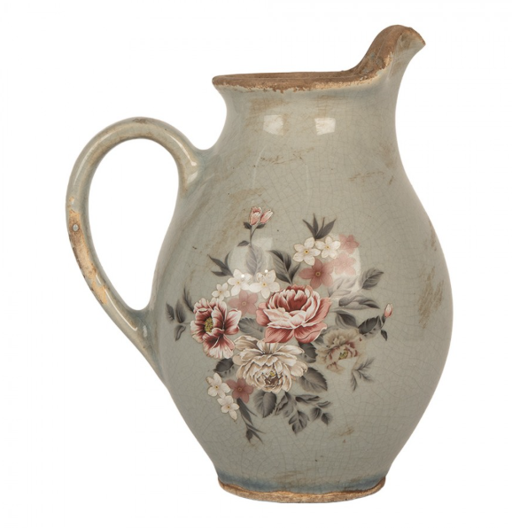 Jarro Decorativo em Cerâmica Cinza com Flores – 16×12×18 cm