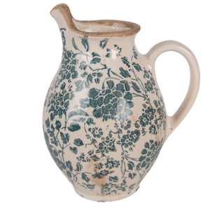 Jarra Decorativa de Cerâmica Bege com Flores Verde-Azulado – 16x12x19 cm