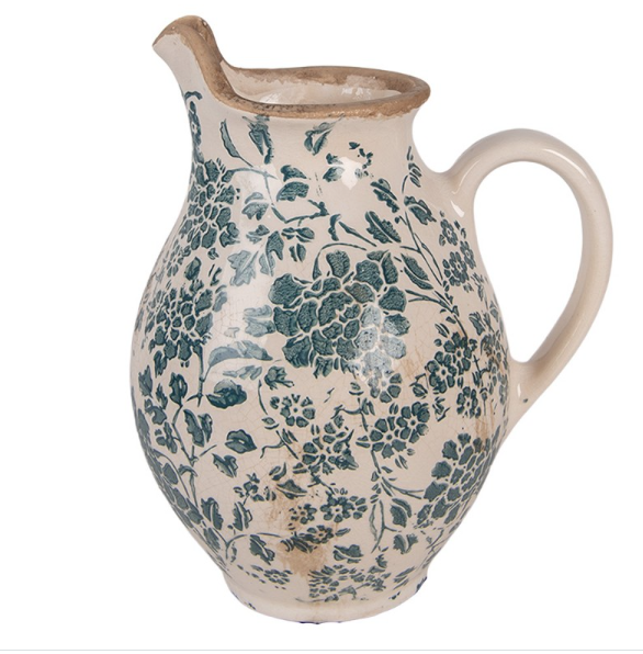 Jarra Decorativa de Cerâmica Bege com Flores Verde-Azulado – 16x12x19 cm