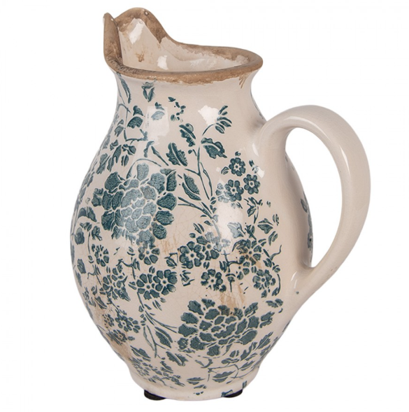 Jarra Decorativa de Cerâmica Bege com Flores Verde-Azulado – 16x12x19 cm