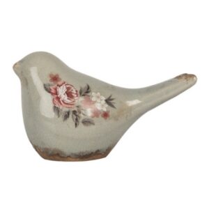 Pássaro Decorativo com Flores de Cerâmica cinza (16x7x9 cm)