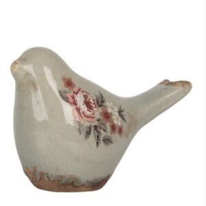 Pássaro Decorativo com Flores de Cerâmica cinza (16x7x9 cm)