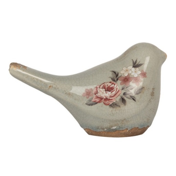 Pássaro Decorativo com Flores de Cerâmica cinza (16x7x9 cm)