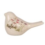 Pássaro Decorativo com Flores de Cerâmica Bege (16x7x9 cm)