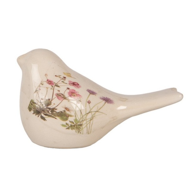 Pássaro Decorativo com Flores de Cerâmica Bege (16x7x9 cm)