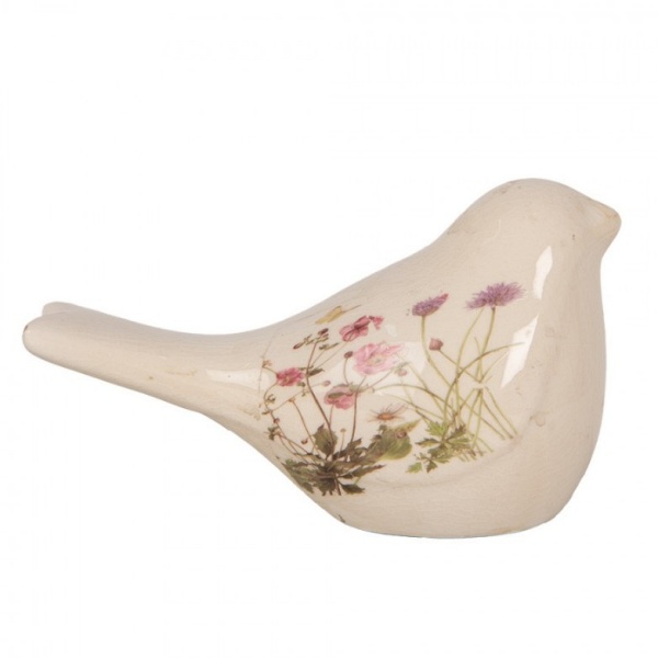 Pássaro Decorativo com Flores de Cerâmica Bege (16x7x9 cm)