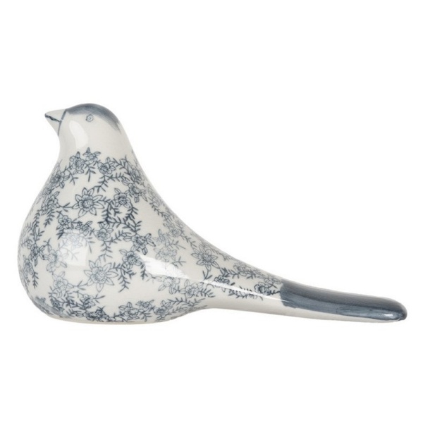 Pássaro Decorativo em Cerâmica Branca e Azul (25x11x13 cm)