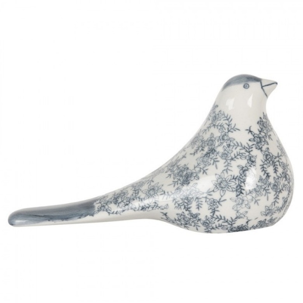 Pássaro Decorativo em Cerâmica Branca e Azul (25x11x13 cm)
