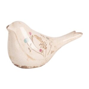 Pássaro Decorativo em Cerâmica Bege com Flores (22x9x12cm)