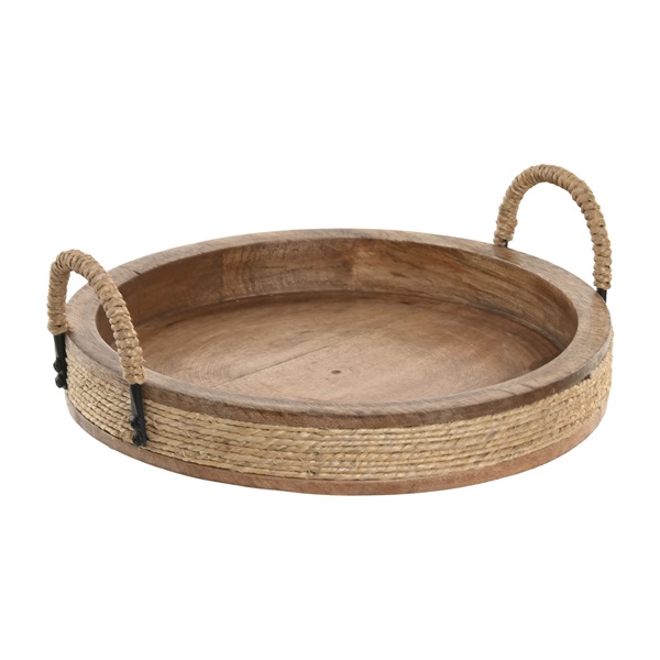 Bandeja Decorativa Redonda em Madeira e Corda