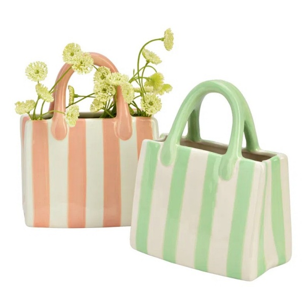 Jarras de Cerâmica “Bolsa” – Riscas Rosa, Verde e Amarela