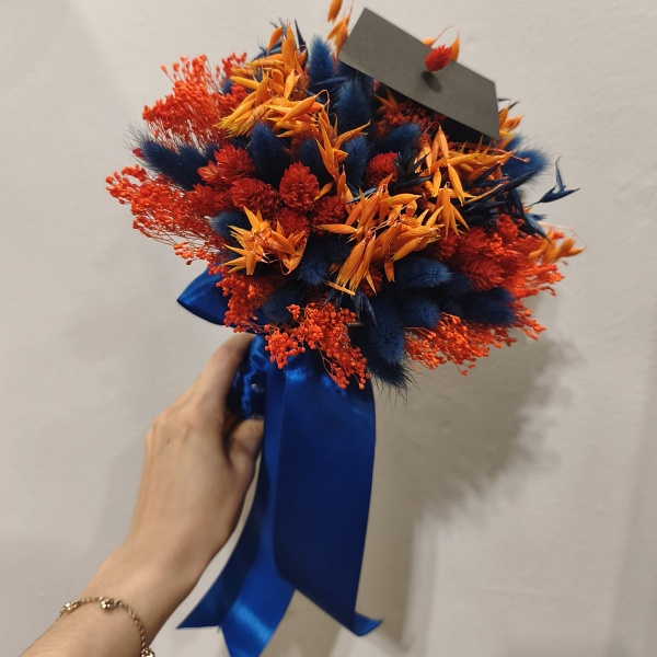 Bouquet Finalistas Flores Preservadas- Azul & Laranja