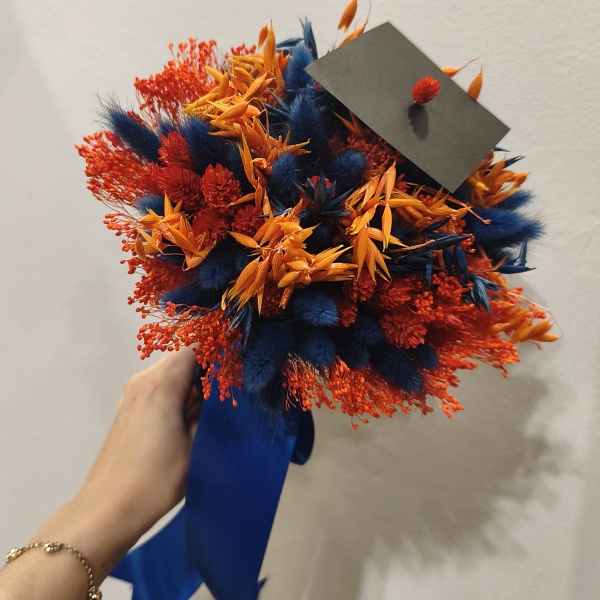 Bouquet Finalistas Flores Preservadas- Azul & Laranja